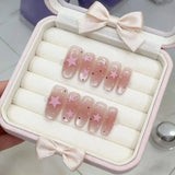 Yeknu  10pcs Star and Ripple Handmade Nails Painted Pink Press on Nail Medium Oval Full Coverage Nail Tips for Women&Girl False Nail
