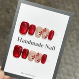 Yeknu  10pcs Ruby Cat Eye False Nails Handmade Sparkly Glitter Press on Nails Elegant Temperament Nail Art Rose Flower Nail for Women