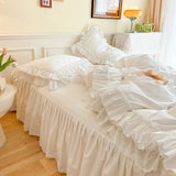 Yeknu 4Pcs White Korean Princess Style 100% Cotton Bedding Set Double Layer Lace Ruffles Duver Cover Bed Skirt Bedspread Pillowcases
