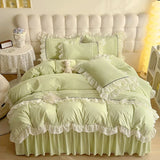 Yeknu  Romantic Lace Design Duvet Cover Set  Lace Bed Skirt King Size Washed Cotton Skin Friendly Breathable For King Size Queen Size