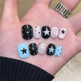 Yeknu  10Pcs Handmade Press On Nails Short Square Fake Nails Black Pink Blue Star & Polka Dot Full Cover Reusable False Nails for Women