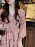 Yeknu  Spring Flower Floral Print Long Dress Women Pink Fashion Sweet Long Sleeve Ladies Dresses Loose Woman Dress