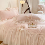 Yeknu  Korean Princess Style Bedding Set Girl Heart Solid Color Double Bed Sheets Washed Cotton Ruffled Bed Cover Sheet Quilt Set
