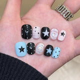 Yeknu  10Pcs Handmade Press On Nails Short Square Fake Nails Black Pink Blue Star & Polka Dot Full Cover Reusable False Nails for Women