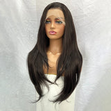 Yeknu  Dark Brown Long Layered Wavy Wigs for Women Free Part Natural Black Curly Synthetic 13X4 Lace Frontal Brunette Wig Daily Party