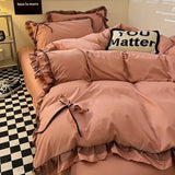 Ins Princess Style Ruffle Trim Duvet Cover Set - Washed Cotton Korean-Style Minimalist Sheet 4-Piece/3-Piece Bedding for Girls