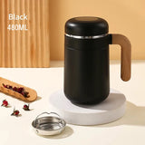Yeknu  480ml Double Stainless Steel 316 Thermal Cup With Filter High Quality Office Home Coffee Tea Thermos Mug With Wooden Handle