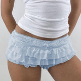 Yeknu  Y2k Cutest Ruffles Mesh Layers Bloomers Frilly Pants Fairy Tiered Lace Micro Shorts Bow Waistband Booty Shorts Women Streetwear