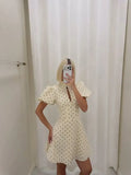 Yeknu  Retro Polka Dot Puff Sleeve Mini Dress Lady Elegant Stand Collar Waist Cinching A-line Short Dresses New Women Party Robes