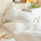 Yeknu 4Pcs White Korean Princess Style 100% Cotton Bedding Set Double Layer Lace Ruffles Duver Cover Bed Skirt Bedspread Pillowcases