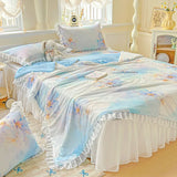 Yeknu  Sweet Floral printed Cool Summer blanket Lace and Ruffle Quilt for Home Skin-Friendly breathable air conditioner Comforters