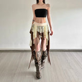 Yeknu  SylCue Mesh Patchwork Mini Skirts Women Y2K Style Elastic Waist Ruffles Ribbon Sweet Girls Street Fashion Elegant Skinny Bottoms
