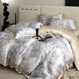 Yeknu Floral Plant Print Color Blocking Bedding Set Lyocell Bamboo Fiber Soft Silky Duvet Cover Flat/Fitted Bed Sheet Pillowcases 4Pcs