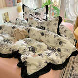 Yeknu  New French Lace Wash Quilt Cover Korean-style Romantic Herben-style Black Print Four-piece Set Skin Friendly Bedding Set