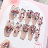 Yeknu  Glitter Fairy Rhinestone False nail Tips for Bride lady Wearable Sweet Crystal Design Press on Nails Mid Length Fake Nail Patch