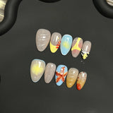 Yeknu  10pcs Handmade Short Almond Fake Nails Summer Ocean Blue Starfish False Nails Wearable Sweet Cool European Press on Nails