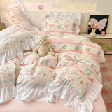 Yeknu  New Yunsoft Cotton Korean INS Age Reduction Lace Cartoon Four-Piece Set Quilt Cover Set Girls Bedding Set