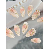 Yeknu  10pcs Handmade Almond Shaped Nail Art Pieces, Inlaid With Golden Flower Strips Detachable and reusable