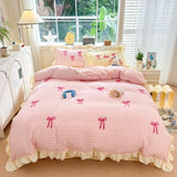 Yeknu Classic Plaid Duvet Cover, Soft Lace Bedding Set, Skin-Friendly Bow-Design Duvet Cover