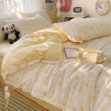 Yeknu  new small fresh printing French lace lace double four-piece set bedding wrinkled yarn student three-piece set