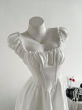 Yeknu  Elamini Vintage French Style Square Neck Waist Shaping Two-Tier Puff Dress