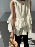 Yeknu  Summer Sleeveless Vests Tops Women Ruffle Patchwork Fashion Pleated Ladies Blouses Korean Style Loose Sweet Woman A-Line Tops