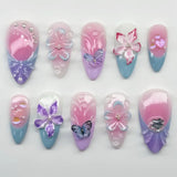 Yeknu  30pcs Nude Red 3D Flower Press On Nails Long Stiletto Fake Nails with Silver Metal Line & Pearl False Nail for Women&Girl