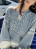 Yeknu  Knitted Autumn Pullover Sweater Women Geometric Print Fashion Lantern Long Sleeve Ladies Cropped Sweaters Korean Woman Sweater