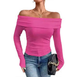 Yeknu  Women Clothing Sexy Off-shoulder Slim-fitting Long-sleeved T-shirts Autumu Winter Europe America Solid Off Shoulder Top Tees