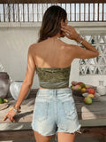 Yeknu  Lady Sexy Printed Strapless Triangle Hem Top Chic Sleeveless Backless Cropped Slim Vest Women Summer Vacation Street Blouse