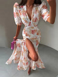 Yeknu  Summer Autumn Vacation Print Long Women's Dress Sexy Deep V-neck Split Short Puff Sleeve Pleated Female Robes Outwear New