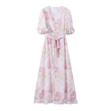 Yeknu  Holidays Print Women Long Dress Sexy V-neck Single Breasted Half Sleeve Female Dresses Summer Fshion Lady Robe New