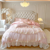Yeknu 4/6Pcs Pink Butterfly Jacquard Three-layer Lace Ruffles Princess Wedding Bedding Set Duvet Cover Bed Skirt Bedspread Pillowcases