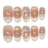 Yeknu  10pcs Short Round French Press on Nails Handmade White Bow Nude Pink Fake Nails for DIY Manicure Wearable False Nail For Girls