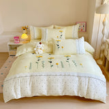Yeknu 100% Cotton Bedding Set Ins Korean Floral Embroidered Lace Trim Duvet Cover Bed Linen Bed Sheets Set Pillowcase Twin Double Size