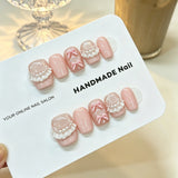 Yeknu  10pcs Handmade Press On Nails Nude Pink Short Square With 3D Bow Fake Nail Lace & Pearl Charms False Nails for Women&Girl