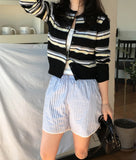 Yeknu  Knitted Autumn Cardigan Women Slim Fashion Striped Print Ladies Cropped Cardigans Korean Style Woman Sweater Coats