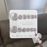 Yeknu  12pcs Handmade Press on Toenails Shiny Silver Sequins Fake Toenail Tips for Girl Summer Wearable Ins Simple False Foot Nails