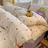 Yeknu Ins Bedding Set Purple Love Stripe Double Layer Yarn Four Piece Dormitory Girl Heart Bed Sheet And Quilt Set Washed Cotton