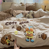 Yeknu Cartoon Animal Embroidery Bedding Set For Adults Kids Cute Flat Fitted Sheet With Pillowcases Washed Cotton Colorful Full Size