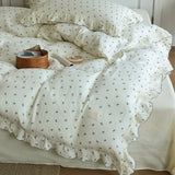 Yeknu INS Princess Ruffle Edge Gauze 100% Cotton Pillow Case Breathable Duvet Cover Without Filler 3PCS Floral Home Bedding Set