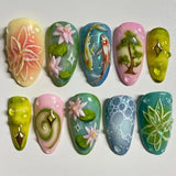 Yeknu  24Pcs Handmade 3D Koi Fish Press On Nails Long Almond False Nails With Lotus & Bonsai Embossed Design Reusable Fake Nails