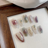 Yeknu  10pcs pure hand pressed almond shaped nail art, beautiful fake nails, retro constellation nail art, suitable for women to use