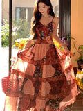 Yeknu  Holiday Seaside Lace Retro Floral Printed Dress Summer Sleeveless Backless Beach Suspender Dresses Women Casual Long Dress