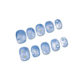 Yeknu  10pcs Ombre Bubble Beads Handmade Nails  Blue Heart Cat-Eye Press on Nail Short Square Round Full Coverage Nail Tips for Women