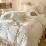Yeknu  4Pcs Flowers Embroidery Lace Ruffles Princess Wedding Bedding Set Egyptian Cotton Duvet Cover Bed Sheet Pillowcases