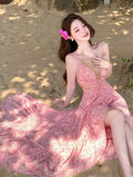 Yeknu  Summer New Pink Floral Suspender Dresses Women's Sleeveless Backless Sexy Beach Vacation Dress Chiffon Splicing Long Dress