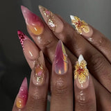 Yeknu  24pcs French Leopard Print Gradient Fake Nails 3D Flowers Press on Nail Short Almond False Nail for Women&Girl Full Cover Nail