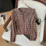 Yeknu  Women's Red Plaid Shirts and Blouses Y2k Aesthetic Vintage Korean Harajuku 2000s Elegant Long Sleeve O-Neck Shirt Trashy Clothes