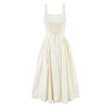 Yeknu  Jastie Lace Up Bandage Plaid Sling Dress Women Elegant Square Neck Low Waist A-line Midi Summer Dresses Holiday Party Robe